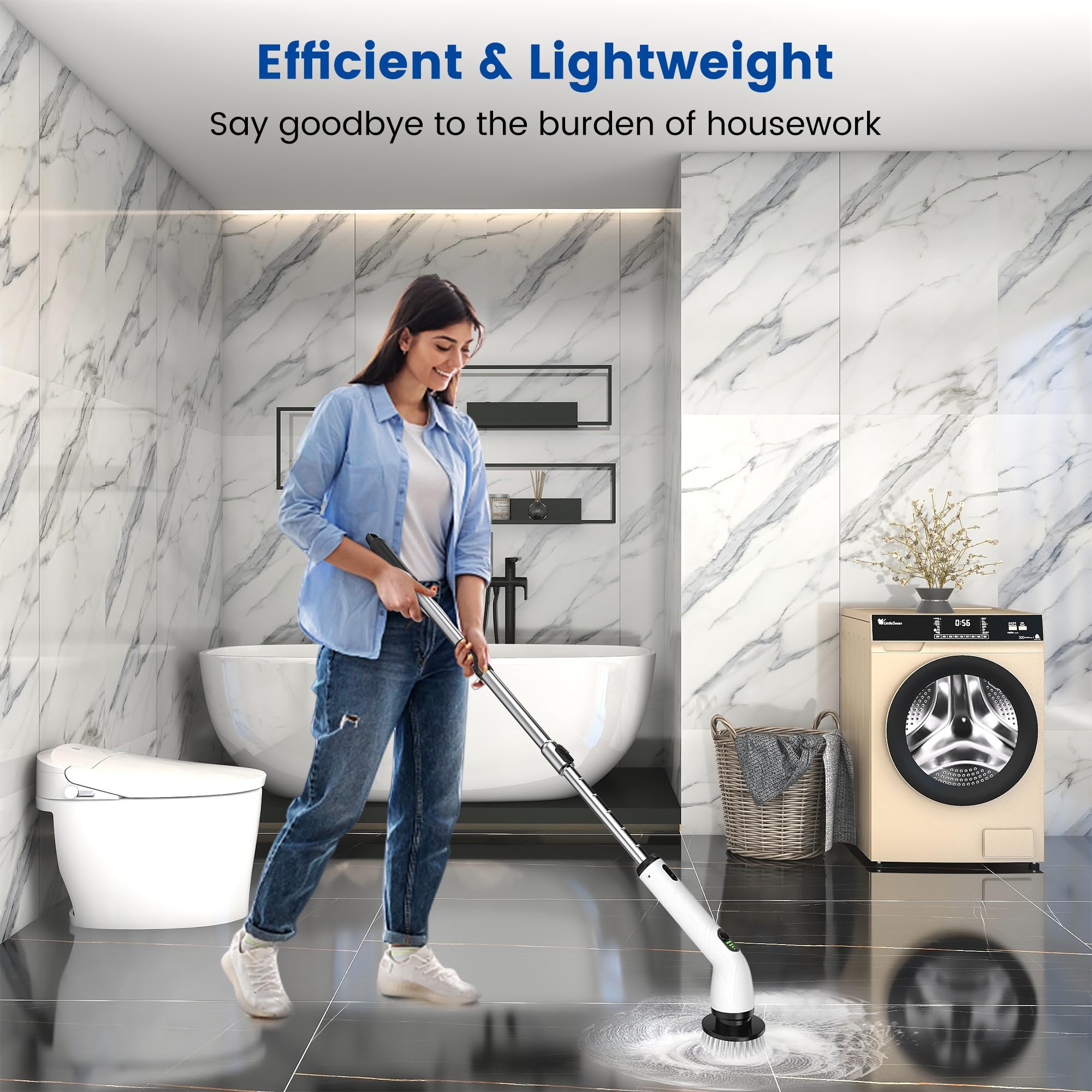 Keimi Electric Spin Scrubber, Full-Body IPX7 Waterproof Cordless Shower Scrubber with 4 Replaceable Heads, Upgraded Extension Handle, 2H Work Time, 2 Speeds for Bathroom Shower Tile Glass