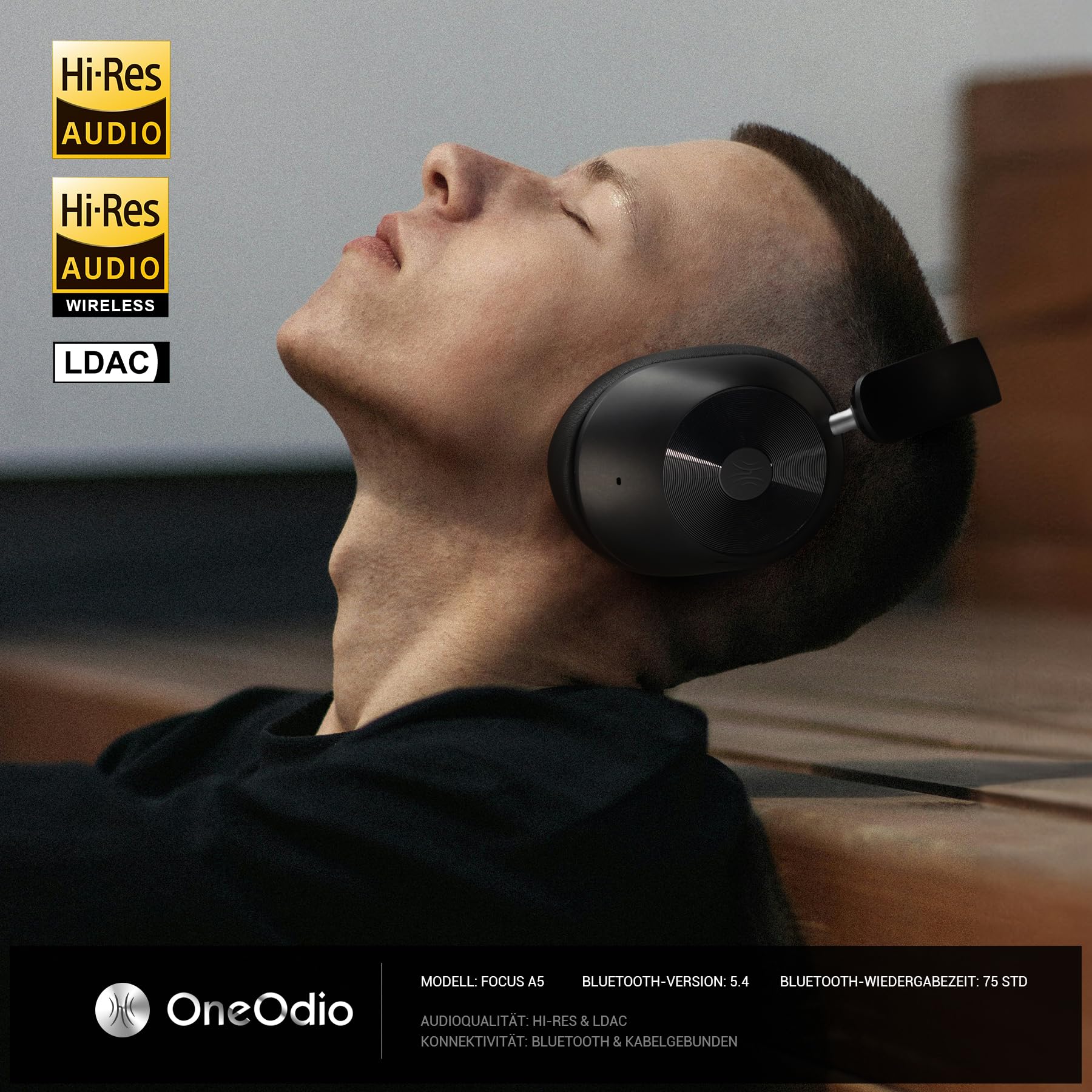 OneOdio A5 Over Ear Kopfhörer Kabellos Bluetooth, Hybrid Aktive Noise Cancelling, Hi-Res LDAC Audio, 75 Std. Akku, Bluetooth 5.4, klare Anrufe, Spielemodus, Schnellladung für PC Reisen Zuhause Büro 2