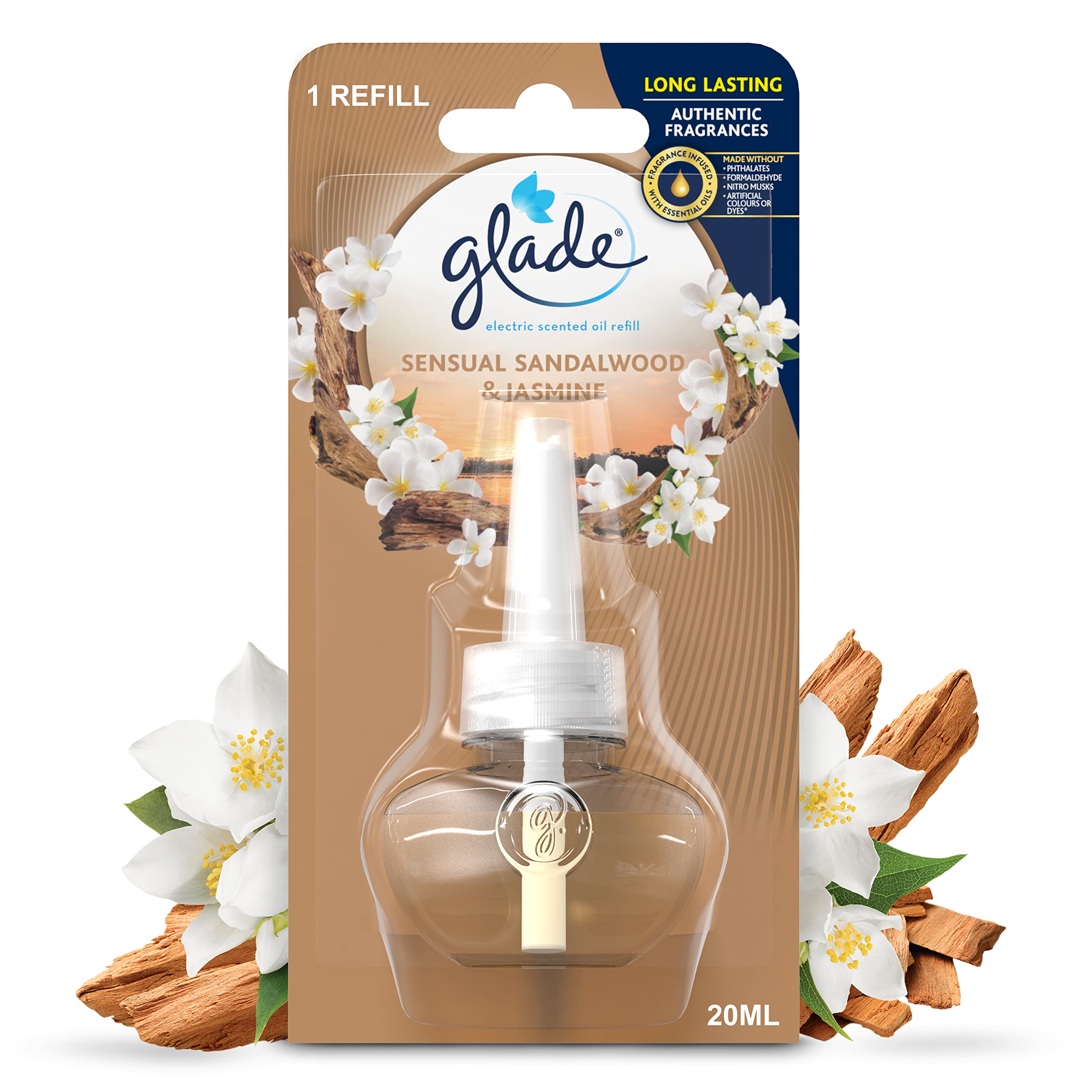 Glade Plug in Air Freshener Refill, Electric Scented Oil Room Air Freshener, Sandalwood & Jasmine, 6 Refills (6 x 20ml)