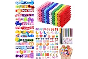 JOICEE 80PCS Cheer Pins Spirit Clips,80 Colored Wooden Clothes Pins 126 Mini Resin Animals Bows Daisy and Stickers Pen 300 Beads Pearls for Backpacks Ribbon Team Classroom Cheer Gifts Bulk