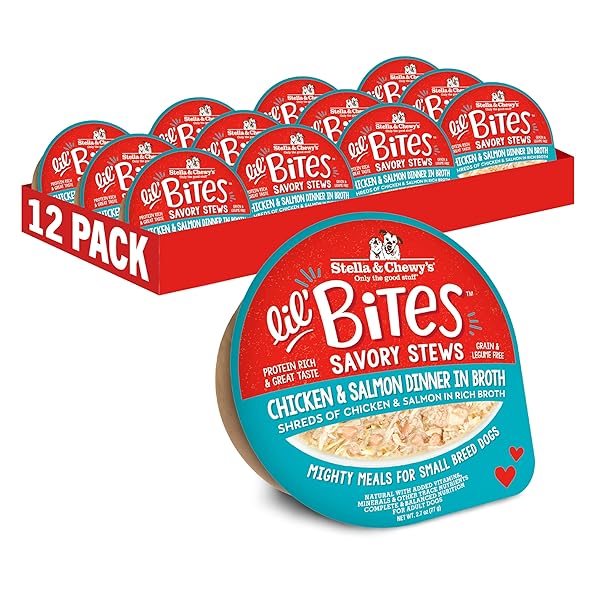 STELLA & CHEWY’S LIL BITES SAVORY STEWS FOR SMALL BREEDS CHICKEN & SALMON DINNER IN BROTH, 2.7 OZ. CUPS (PACK OF 12)