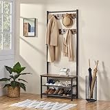 Yaheetech Coat Rack Stand 185cm with Shoe Bench Rustic Brown Industrial Hall view 2