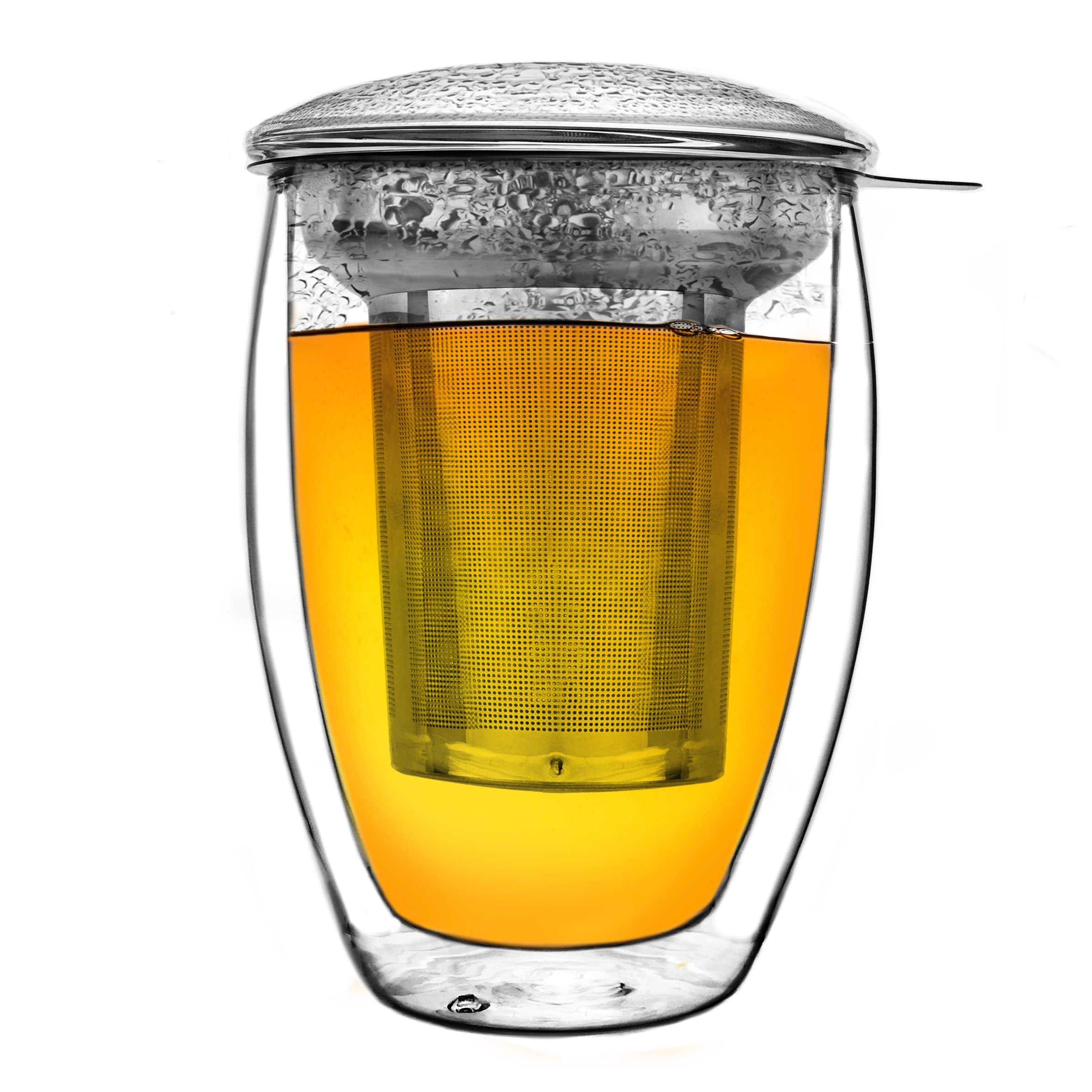 Creano Double Walled Tea Glass with Stainless Steel Infuser and Glass Lid - Tea Cup for Loose Leaf Tea - 1x 400ml Double Wall Mug
