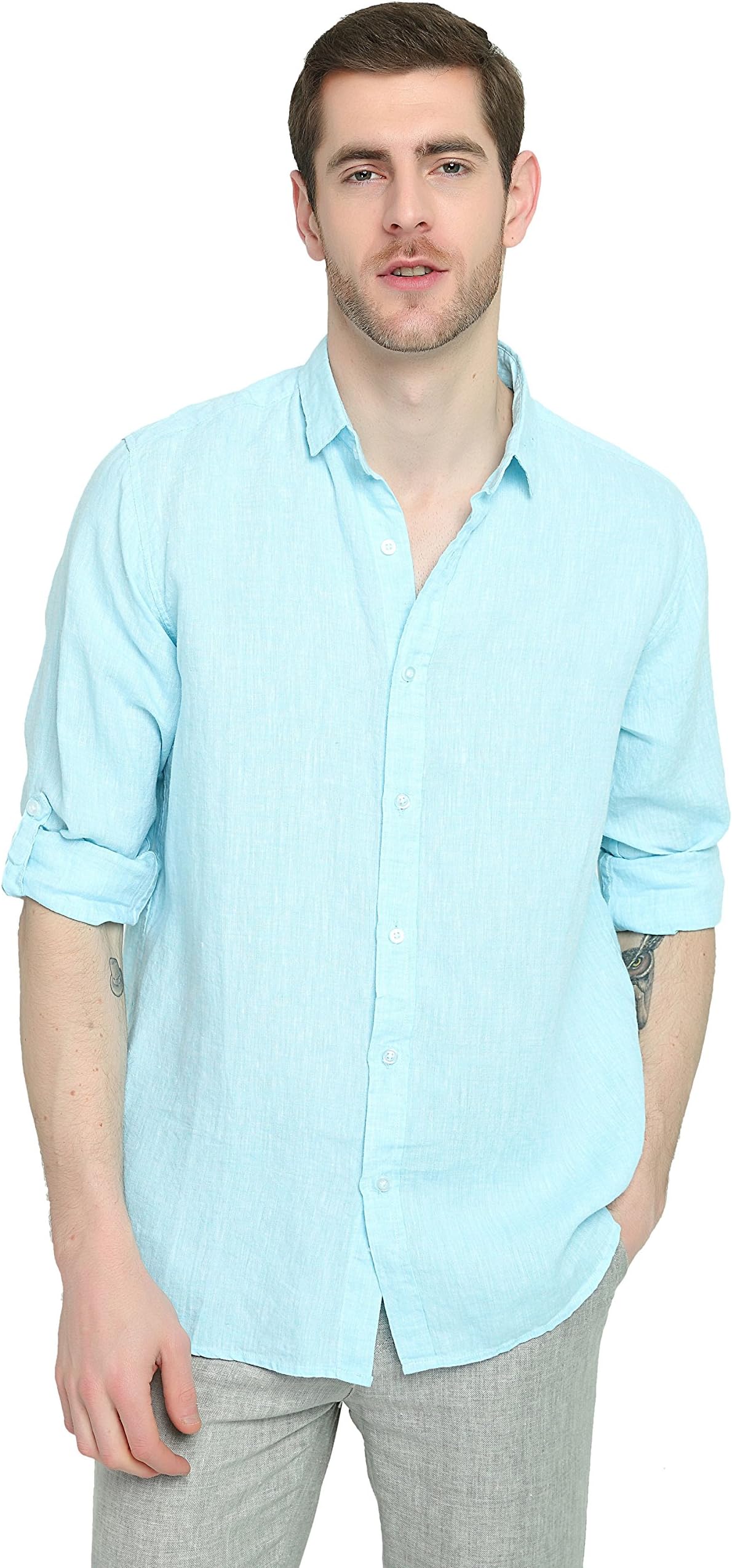 Najia Symbol Men's Casual Roll up Long Sleeve Solid 100% Linen Shirt