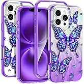 Rancase for iPhone 16 Pro Max Case with Screen Protector, Clear Butterfly Design, Removable Frosted Glitter Card, Hard PC&TPU Bumper Shockproof Protective Full Body Rugged Phone Cover Women, Purple