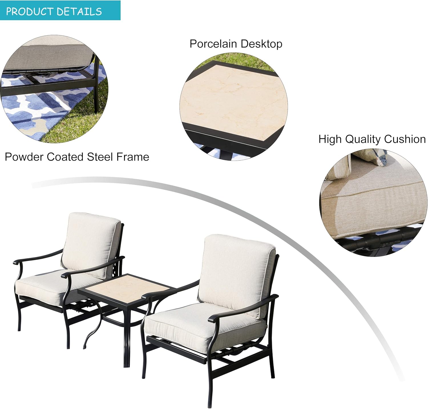 LOKATSE HOME 3 Pcs Outdoor Conversation Furniture Patio Bistro Set Modern Metal Chair with Cushion & Square Coffee Table, Beige : Garden & Outdoor
