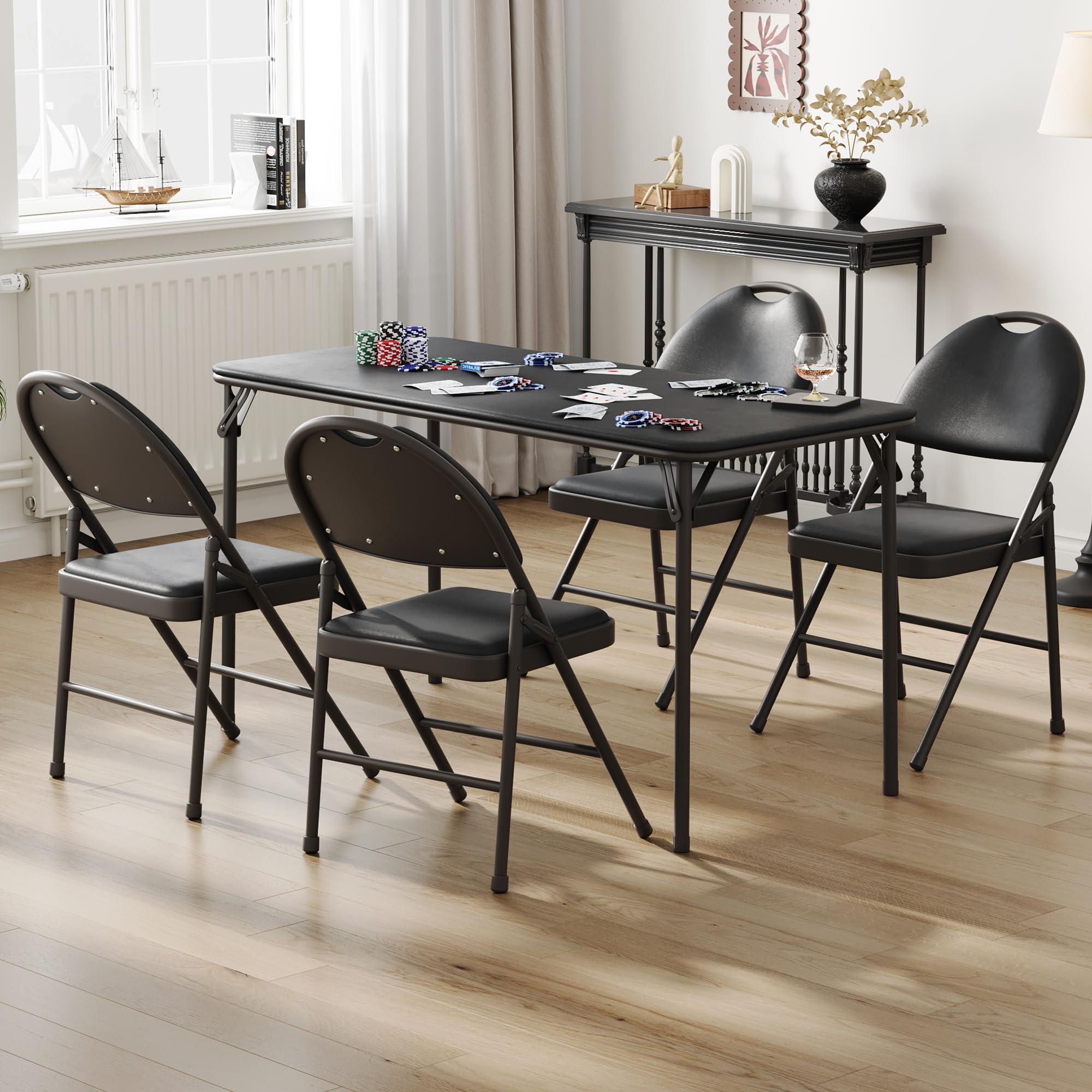 Photo 1 of “”” Just Table “”””” 5-Piece Folding Card Table and Chairs Set, Portable Folding Table and Chairs Set with Metal Legs and Thicken Padded Cushion, No Assembly Required, for Dining Room, Living Room, Office, Camping,Black