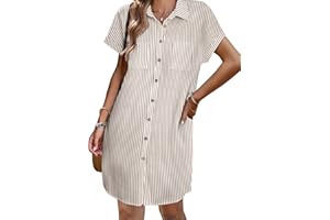 Zeagoo Womens Button Down Shirt Dress Summer Cotton Linen Dress V-Neck Mini Dress Casual Short Sleeve Loose Tunic Dresses