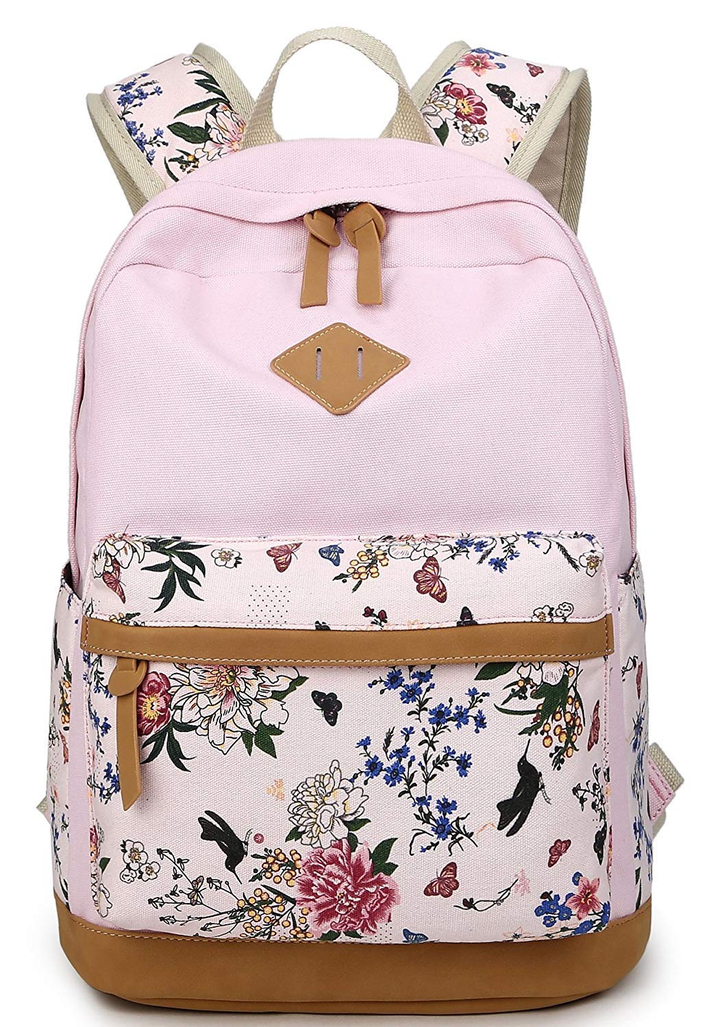 Backpack for Girls Canvas Casual Daypack Floral School Bags College Student Laptop Shoulder Bag (Pink)