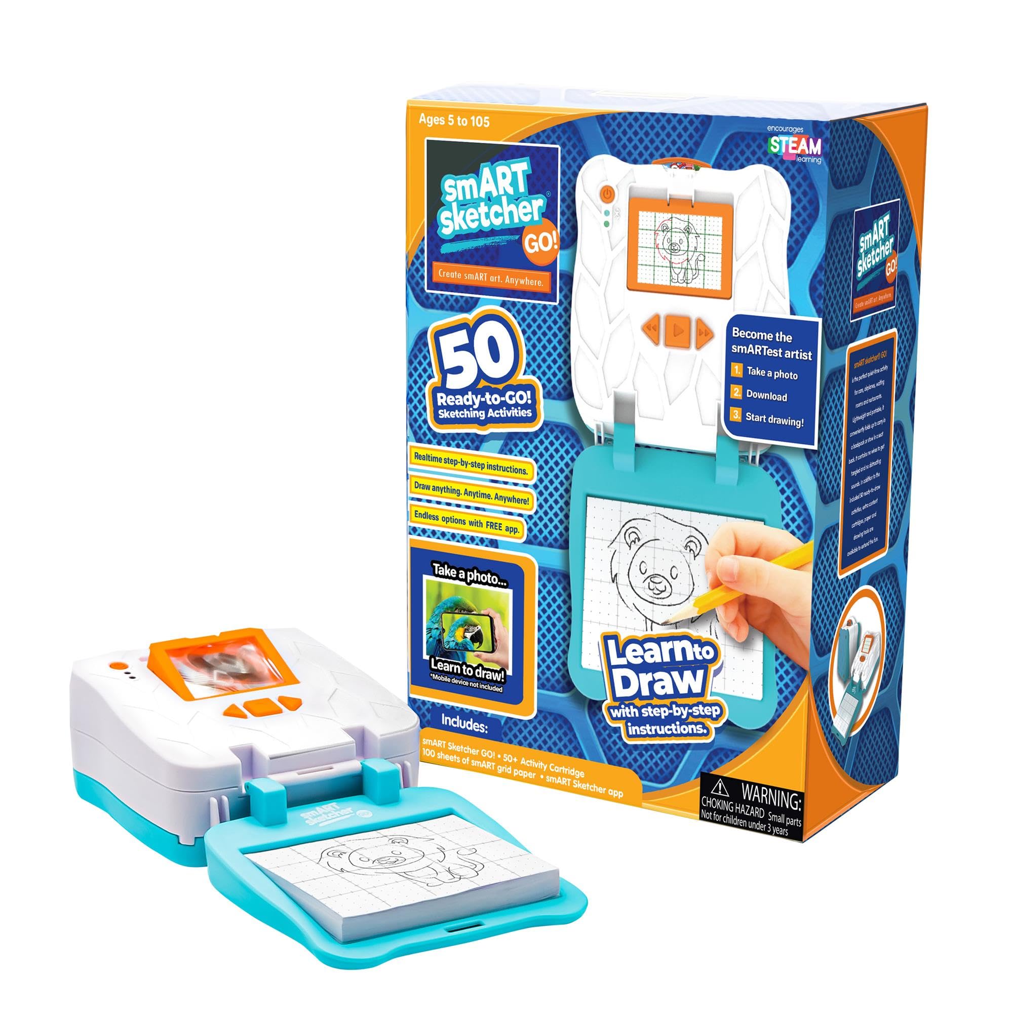 smART Sketcher GO portable creative STEAM toy with Bluetooth connectivity and 50+ art sketching projects with step-by-step guide for each picture