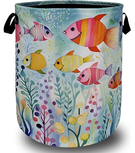 Tropical Watercolor Sea Turtle Storage Bin - 19.7"H X 15.7"D Waterproof Laundry Hamper & Toy Organizer