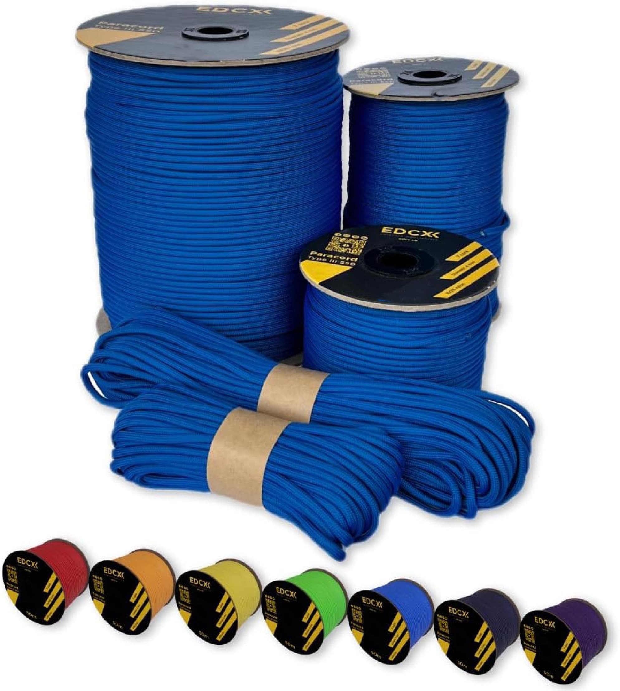 EdcX Paracord 4mm, 35+ Solid Colors (10m, 15m, 30m, 50m, 100m, 300m) | Ideal for Crafting, DIY, Camping, Survival, Outdoor | 100% Nylon Rope 4mm | Tactical Cord 550 Type III (Blue, 50 m)