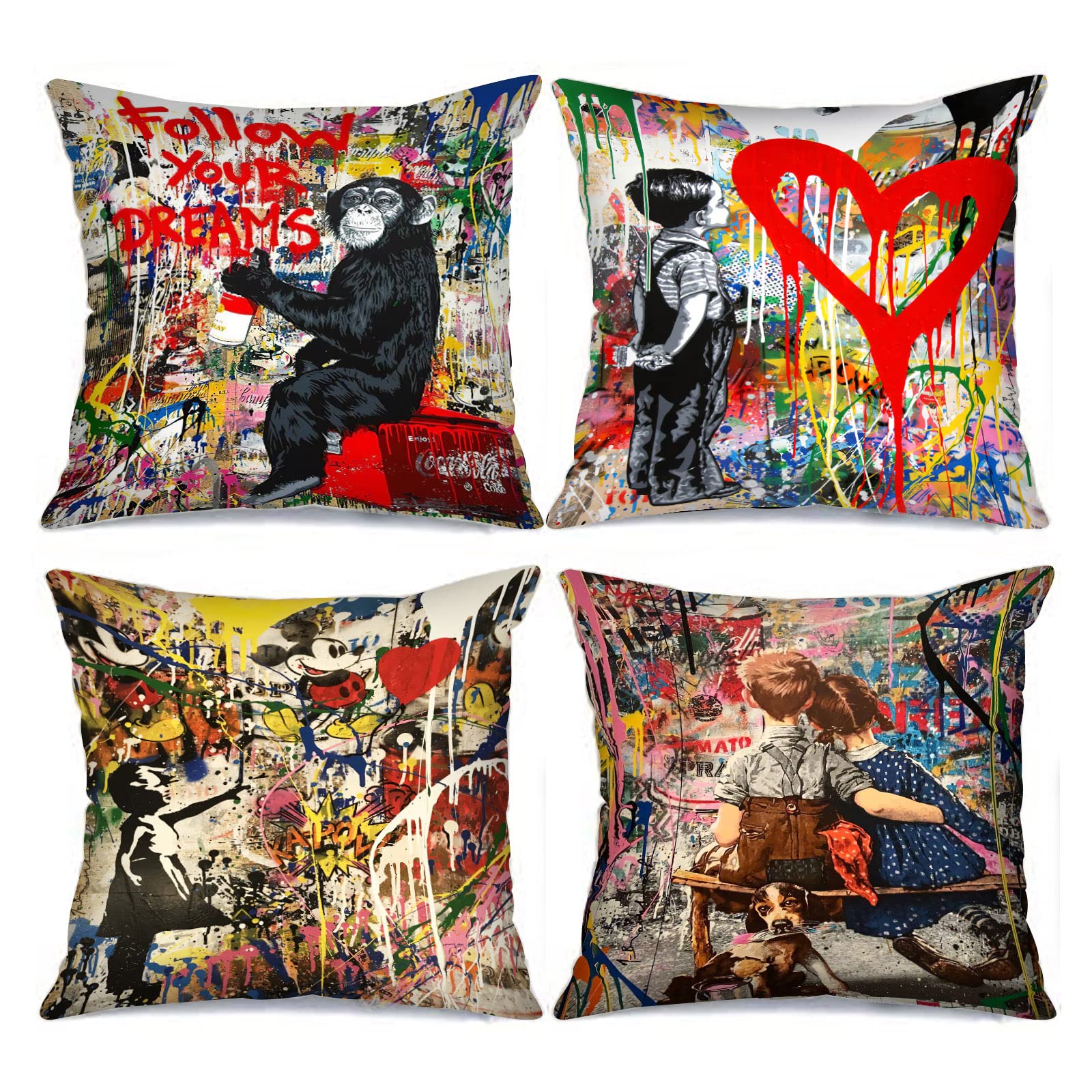 Tucocoo Banksy Decorative Cushion Covers 4 Pieces Street Graffiti Art Throw Pillow Cases Little Boys Girls Cushion Cover Outdoor Decorations Monkey Throw Pillow for Couch Sofa Bed Car — image 1