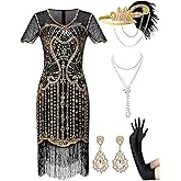 MTITE 1920s Flapper Dresses for Women,Sheer Beaded Sleeves Great Gatsby Dresses Roaring 20s Dresses Costumes with Accessories