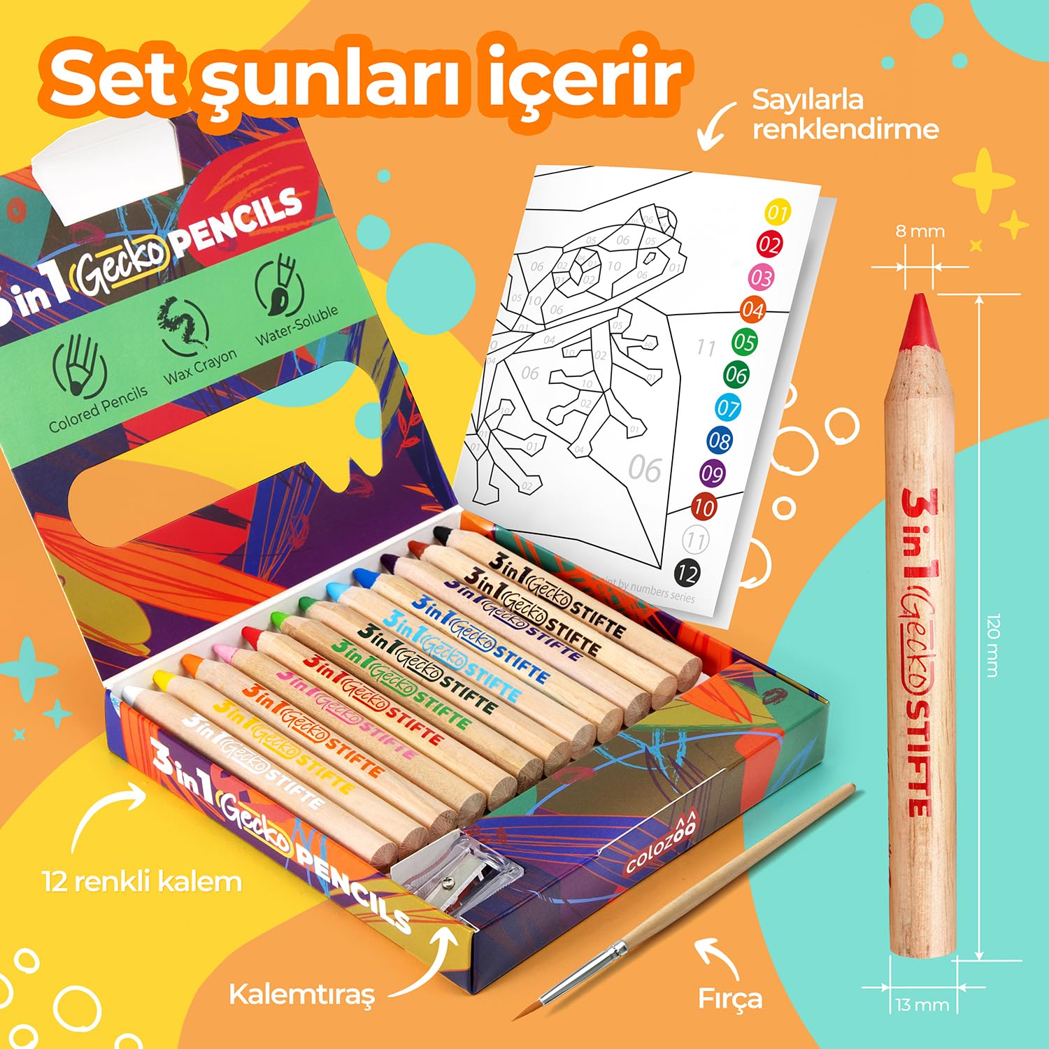 3 In 1 Chubby Color Pencils for Kids - Fat Colored Pencils 12 Colors Set inc. Brush and Sharpener - Non-Toxic and Vegan for Ages 3 And Up