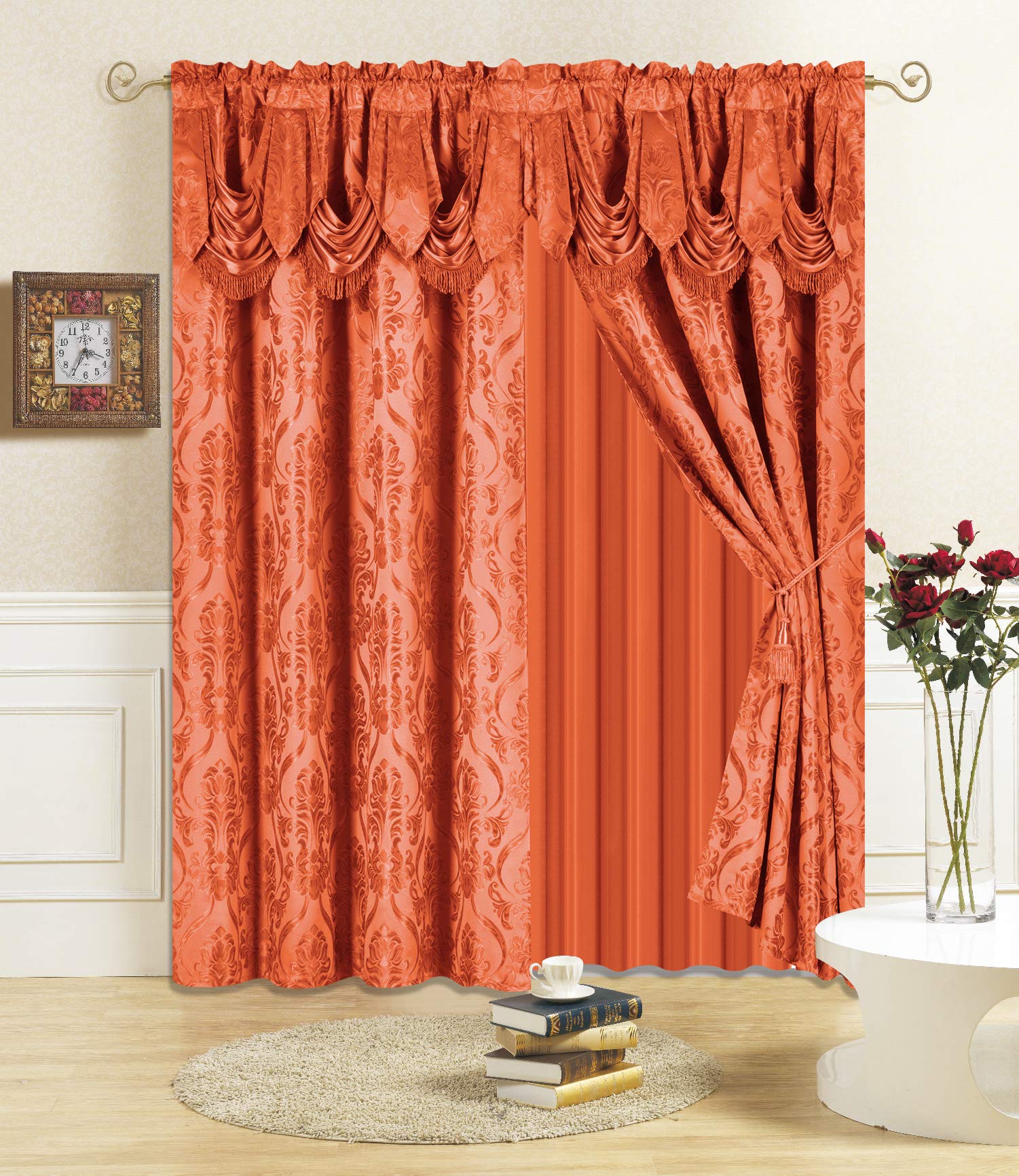 All American Collection New 4 Piece Drape Set with Attached Valance and Sheer with 2 Tie Backs Included (84" Length, Orange)