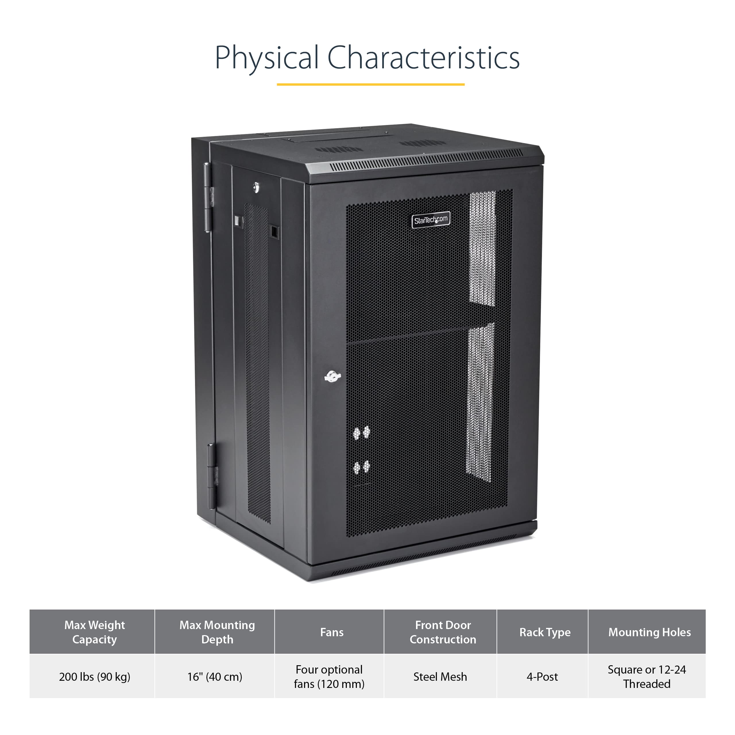 StarTech.com 4-Post 18U Wall Mount Network Cabinet w/ 1U Shelf, 19