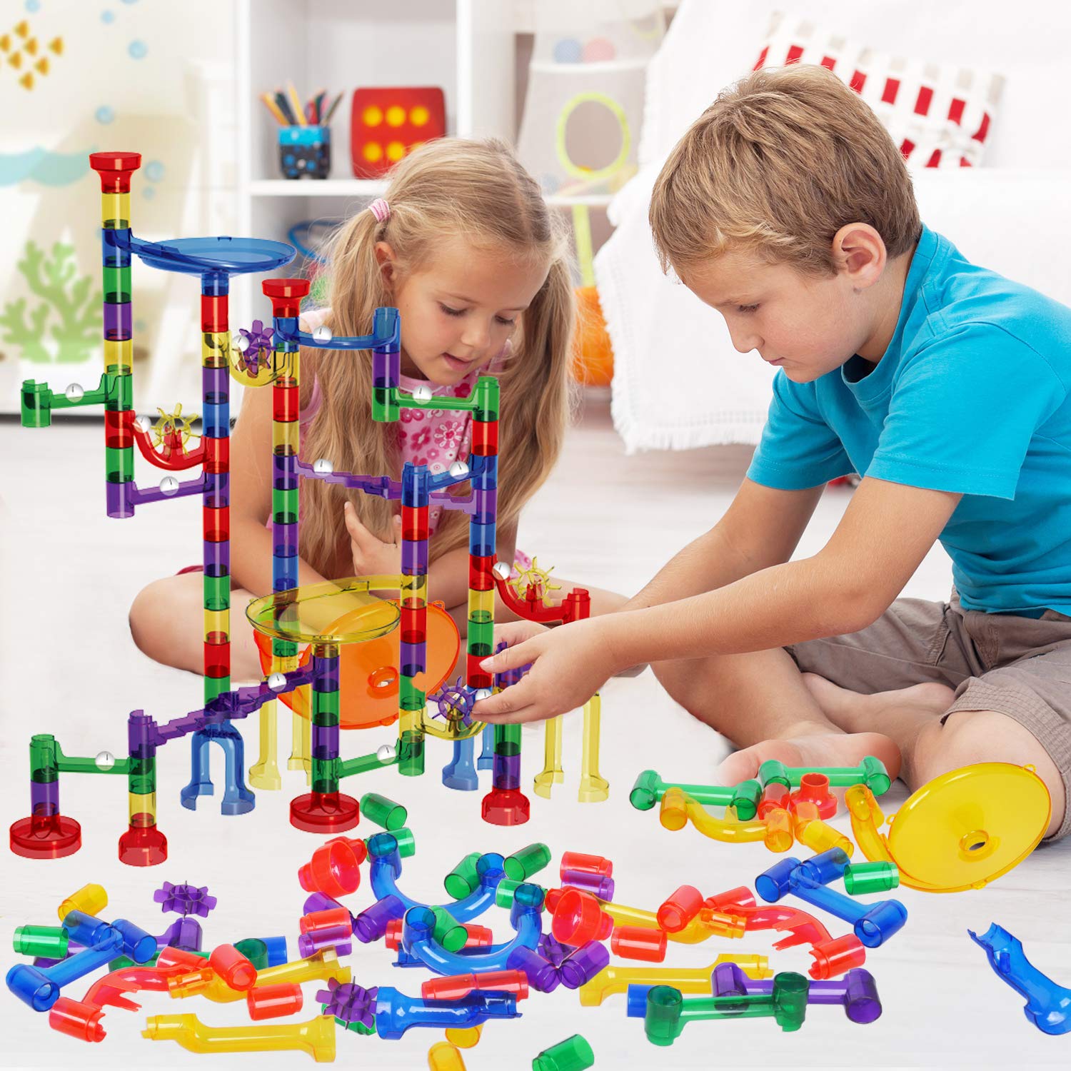 Marble Run - 127 Pcs Marble Race Track Educational Building Blocks Set Construction Stem Learning Toys Marble Maze Game for Kids 4 5 6 7 8 9 + Year Old Boys Girls (122 Marbulous Pieces + 5 Glass Marbles)