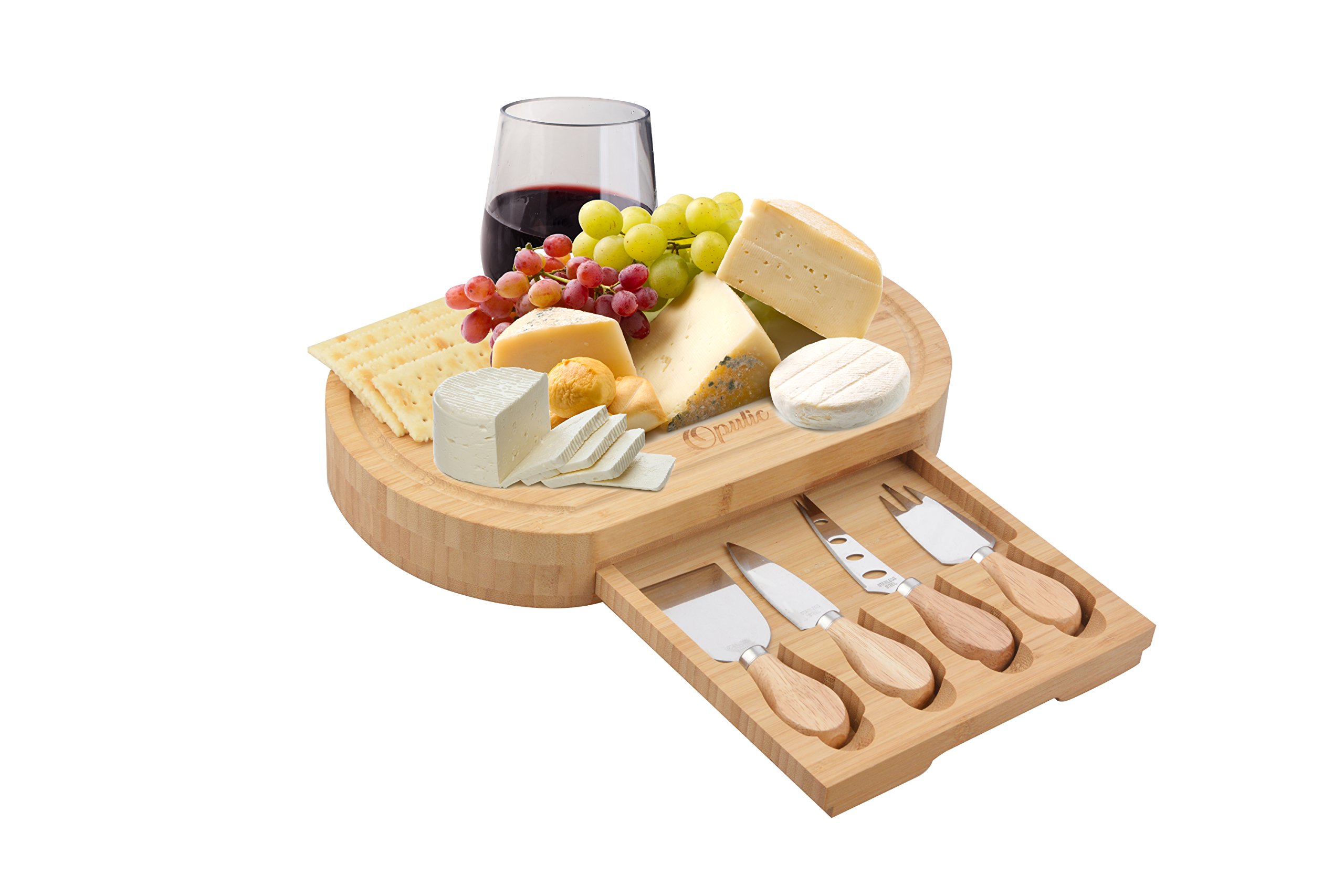Opulic Bamboo Cheese Board and Knife Set Charcuterie Wooden Serving Board, Comes Complete with