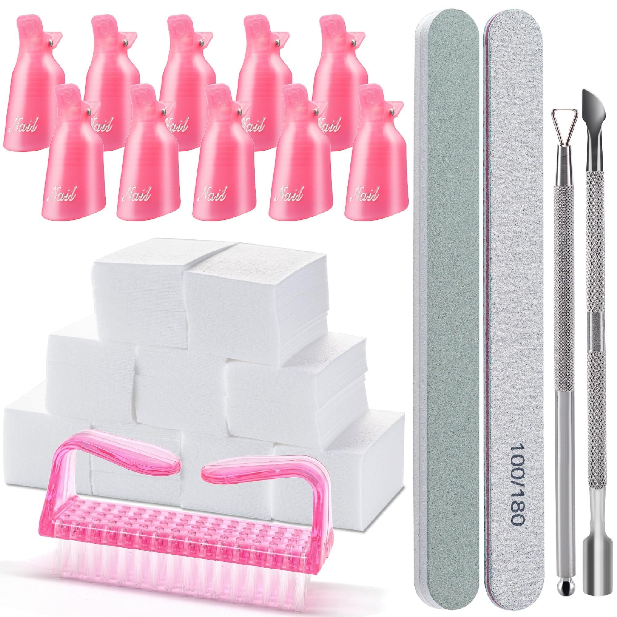 Photo 1 of Gel Nail Polish Remover Tools Kit, with 10 Pcs Nail Clips, 400 Pcs Lint Free Nail Wipes, Nail Files 100/180, Buffer Block 400/4000, Nail Brush, Cuticle Pusher, Cuticle Peeler (Pink)