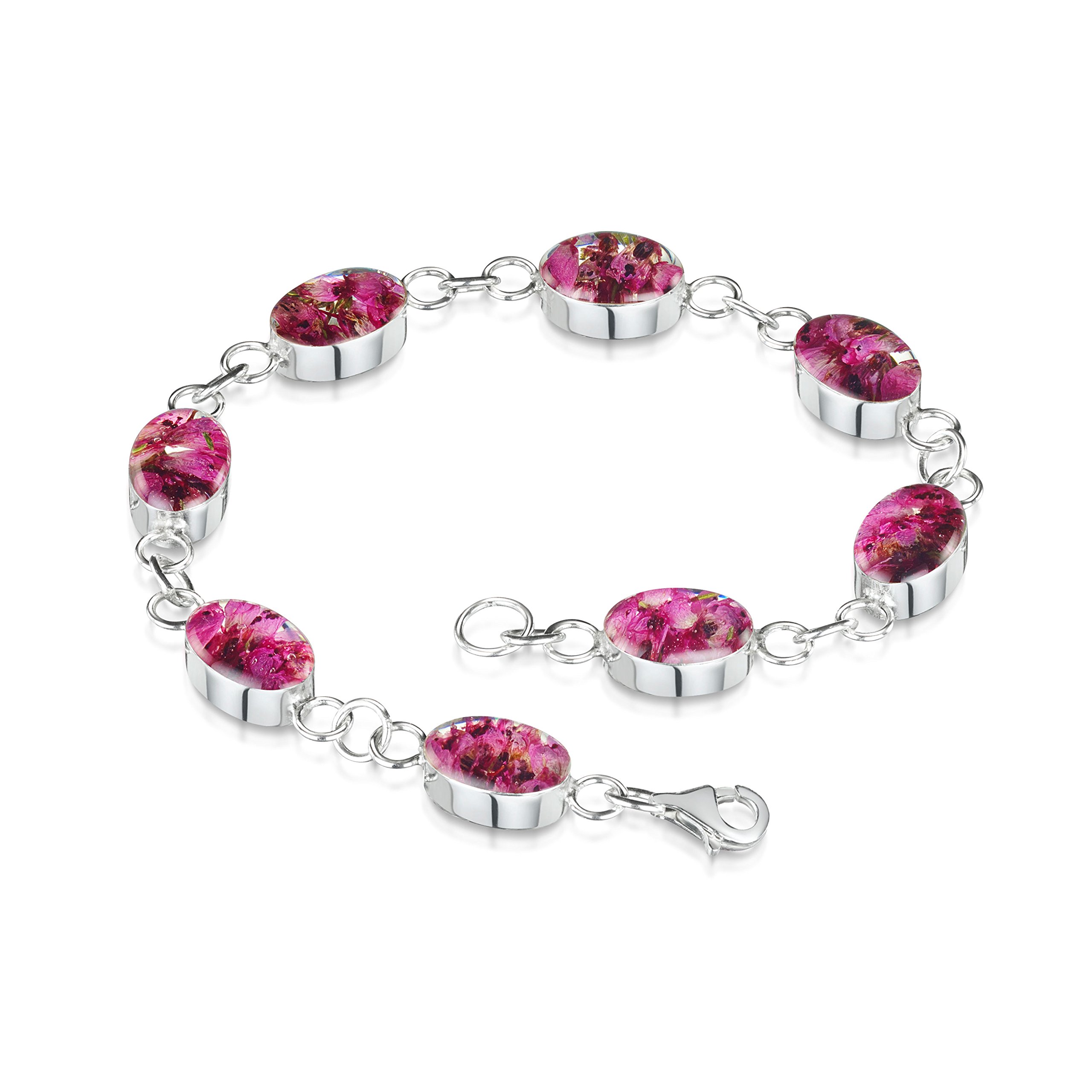 Shrieking Violet 925 Sterling Silver Oval Links Real Flower Bracelet - Heather (Pink)