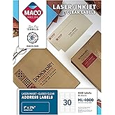 MACO Laser/Ink Jet Glossy Clear Address Labels, 1" x 2-5/8", 30 per Sheet, 1500 per Box (ML-4000)