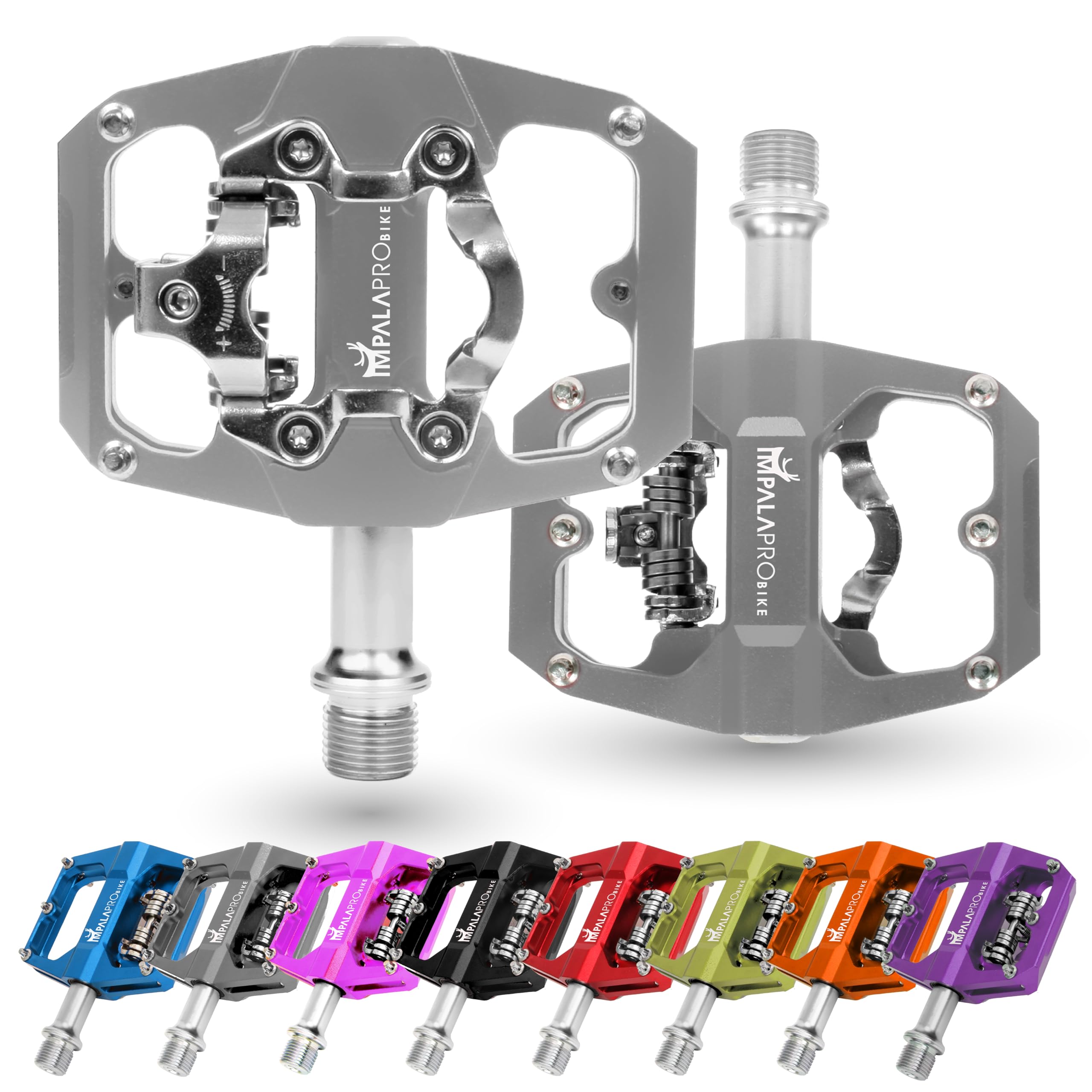 IMPALAPRO - Dual Function Bicycle Flat Pedals and SPD Pedals 9/16'' Compatible with Shimano SPD Pedals - Dual Platform MTB Flat Pedals and SPD Clipless Pedals (Grey)