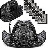 Coume 12 Pcs Sparkly Adults Cowboy Hat and Bandanas Women Men Western Glitter Cowgirl Party Hats with Adjustable Drawstring