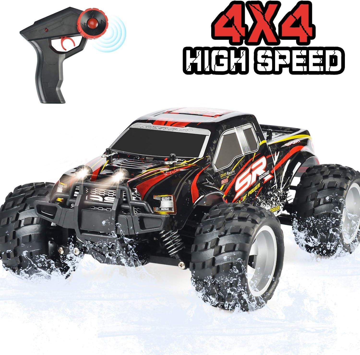 DOUBLE E RC Car 4WD High Speed Off Road Remote Control Truck 2.4GHz Head Lights 800mah Battery for Boy Girls Kids, Red