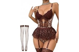 Alrovetoney Sexy Lingerie for Women Naughty Lace Garter Lingerie Set with Underwire Push Up Lingerie Set Thigh Highs