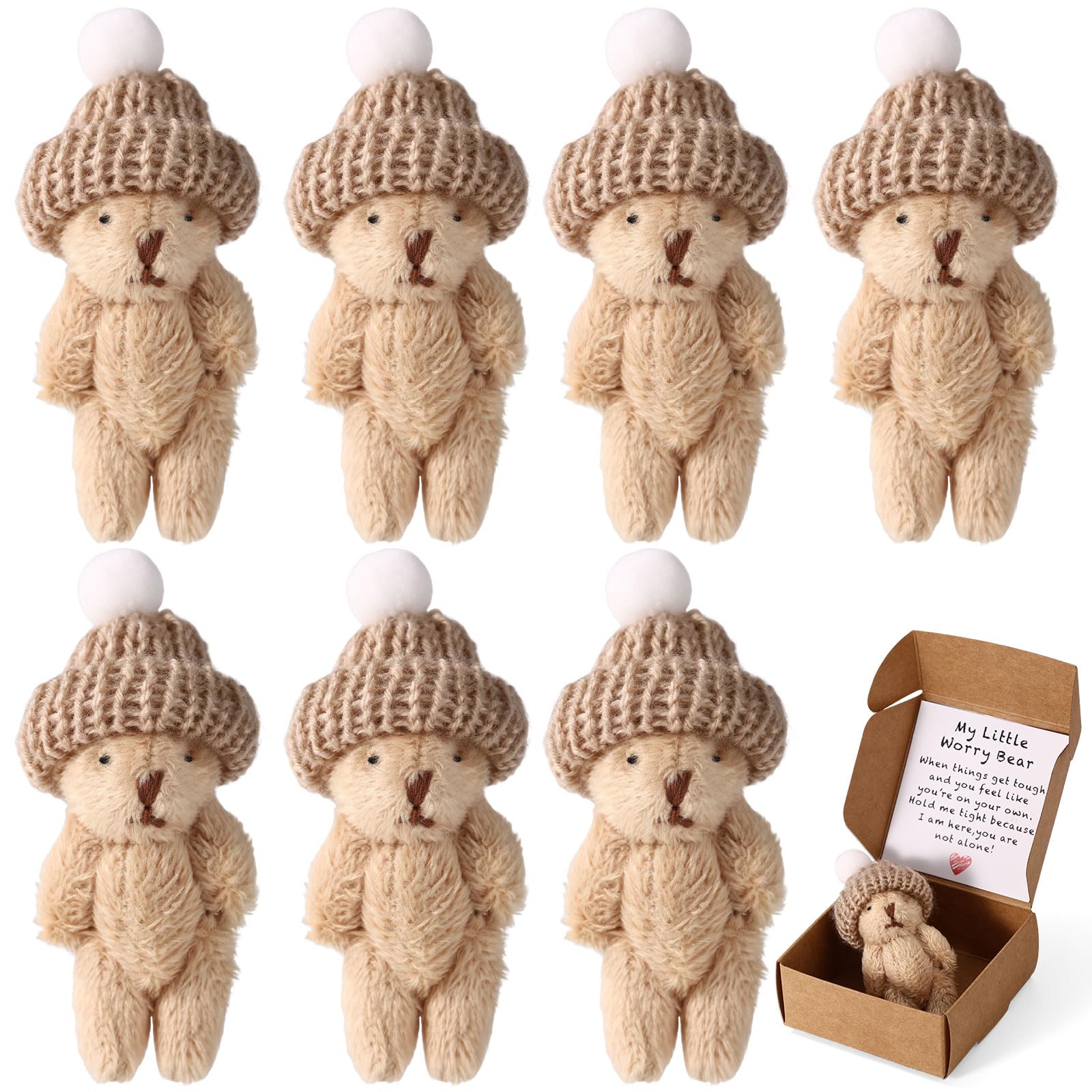 TOYMIS 7 Sets Mini Plush Bear, Cute Handmade Little Small Bear in A Box with Encouraging Card Perfect Desk Decor Inspirational Support Animal Toy Doll for Family Friends, Thoughtful Gifts (Brown)