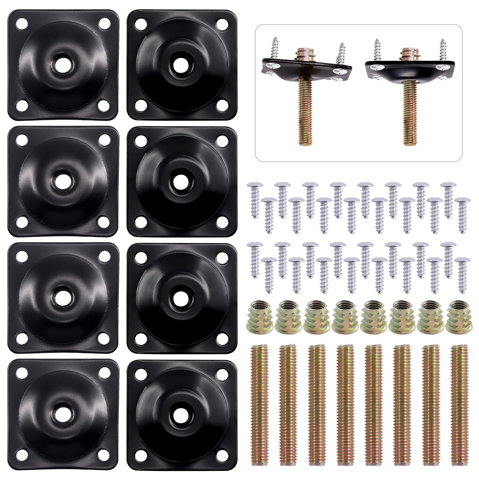 Swpeet 8 Sets Black 12 Degree + Flat Angled Leg Mounting Plates with Hanger Bolts Screws, Furniture Leg Attachment Plates Industrial Strength T-Plate M8 Sofa Legs with Hanger Bolts