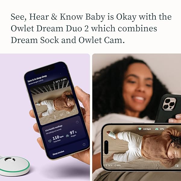 OWLET® DREAM DUO SMART BABY MONITOR: FDA-CLEARED DREAM SOCK® PLUS OWLET CAM 2- TRACKS & NOTIFIES FOR PULSE RATE & OXYGEN WHILE VIEWING BABY IN 1080P HD WIFI VIDEO