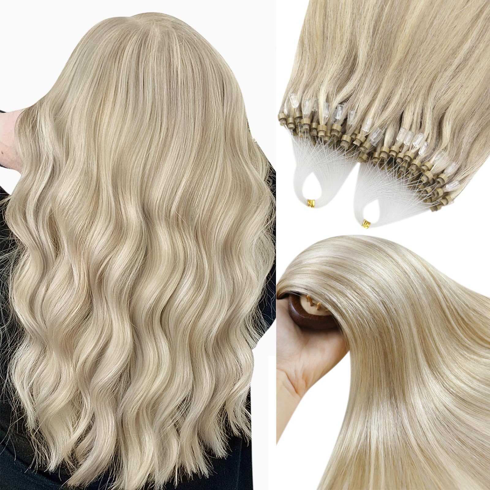 YoungSee Micro Beads Hair Extensions 14inch Micro Loop Human Hair Extensions Dark Ash Blonde Highlights Golden Blonde Micro Rings Hair Extensions for Women Short Straight 50g Cold Fusion 50s