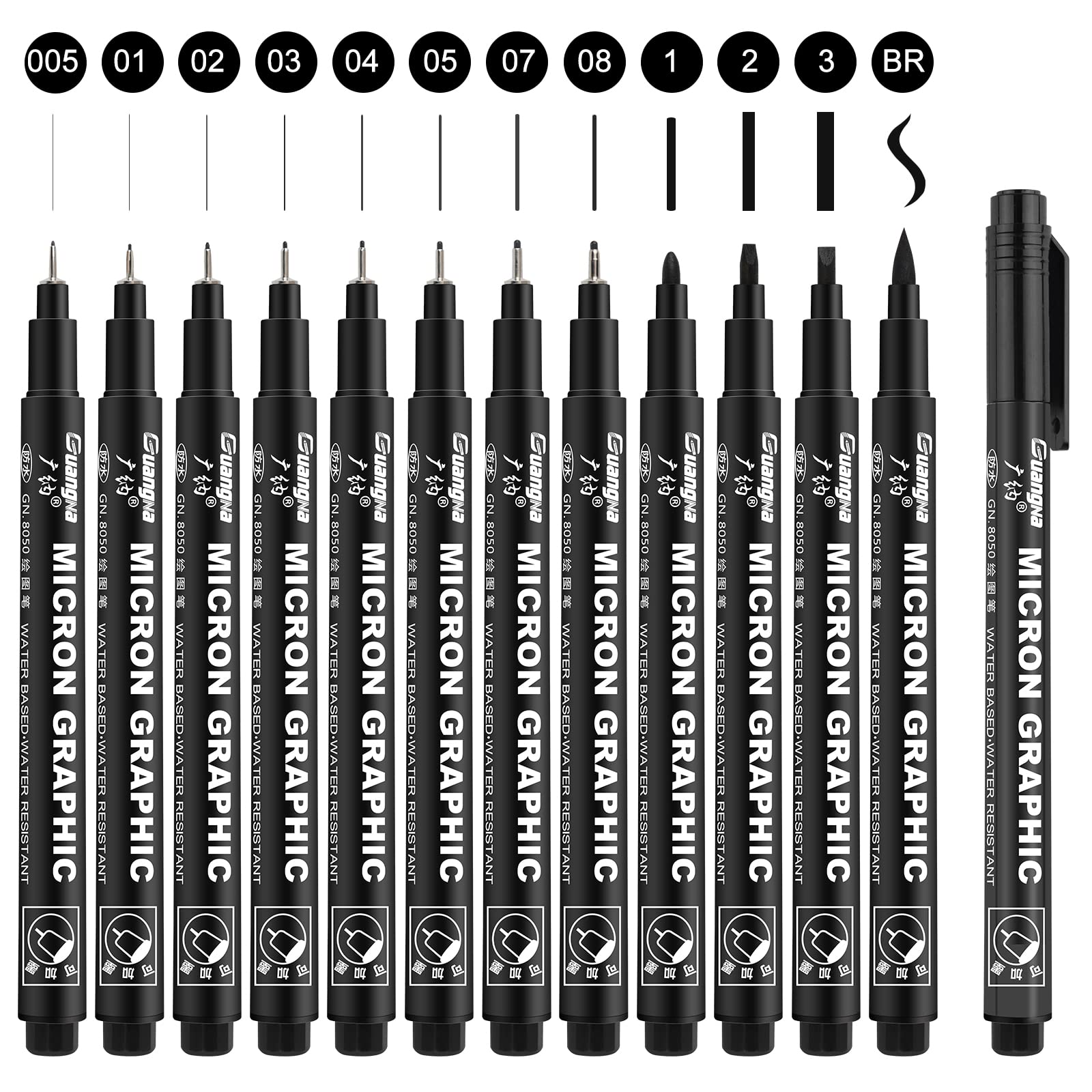 Funnasting Fineliner Pens, 12 pcs Fineliner Pens Black with Fine Medium Brush Tip and Waterproof Pigment Ink for Drawing, Writing, Designing, Non-toxic Safe Drawing Pens