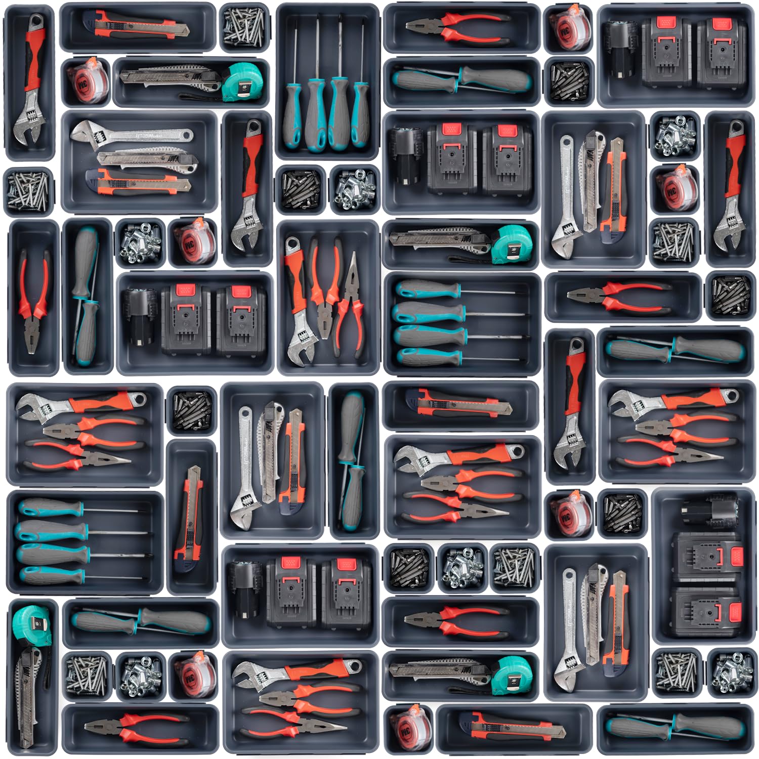 Giklux 45 Pack Tool Box Organiser Trays, Plastic Tool Storage Drawer Organiser Tray Dividers, Tool Chest Cabinet Cart Compartment Box for Small Parts, Screw, Drill, Toolbox, Gray