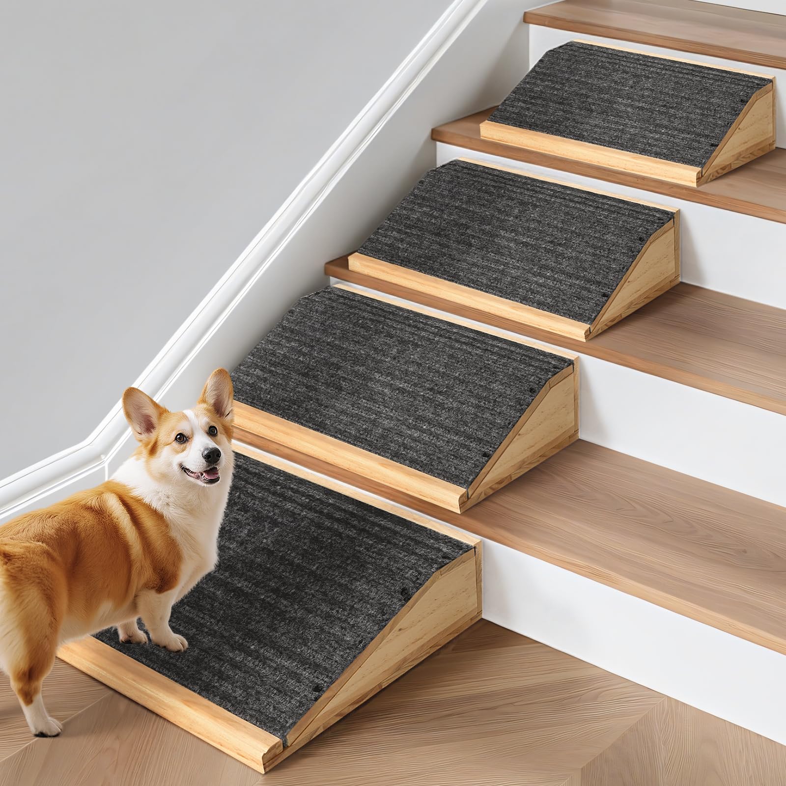 Photo 1 of 4-Pack Wooden Dog Ramp for Stairs, Anti-Slip Pet Steps for Small Dogs with Carpet Surface, Low-Angled Pet Ramps for Staircase, Steps and Stairs Assist for Injured & Aged Pets, Stairs Ramp for Dogs