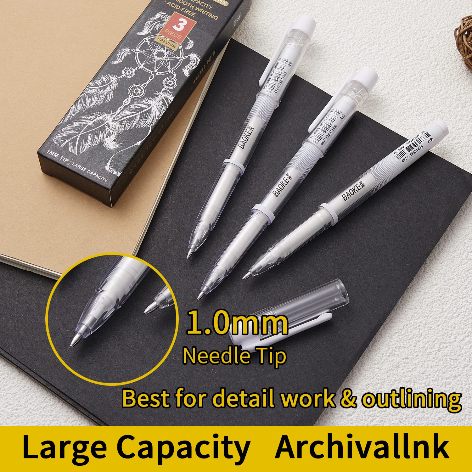 Qionew White Gel Pen Set, 1mm Gel Ink Pens Opaque White Archival Ink Pens for Black Paper Drawing, Sketching, Illustration, Card Making, Bullet Journaling