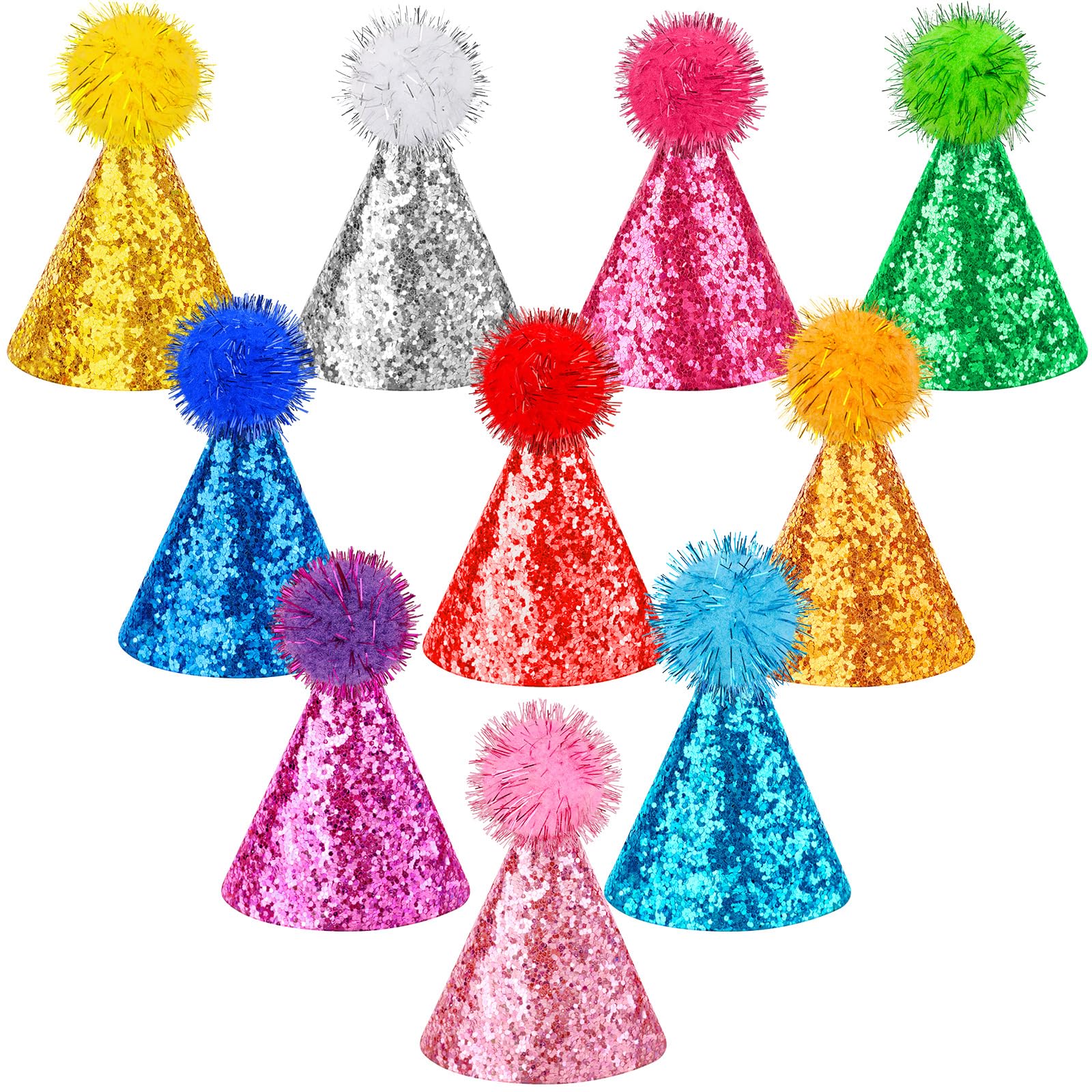 Photo 1 of 10 Pcs Glitter Mini Birthday Party Hats Multicolor Paper Cone Hats for Kids Girls Pets Stuffed Animals Birthday Holiday Decoration Supplies
