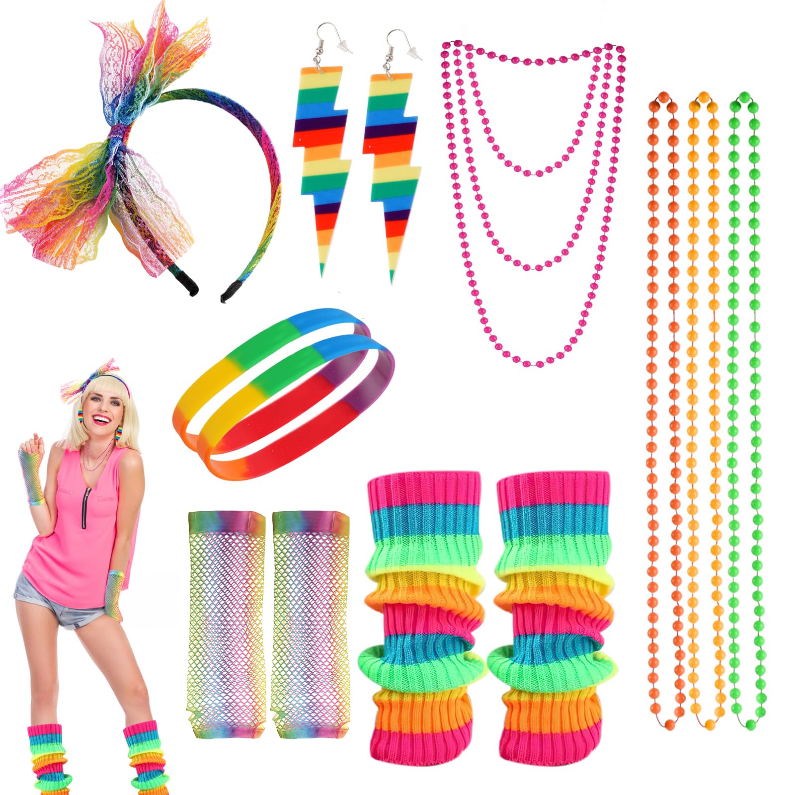 80s Fancy Dress for Women, Neon Party Accessories, 13Pcs 80s Accessories for Ladies with Necklace Fishnet Gloves Leg Warmers Earrings Bow Headband, Rainbow Costumes for Retro Outfit, Dress up Day