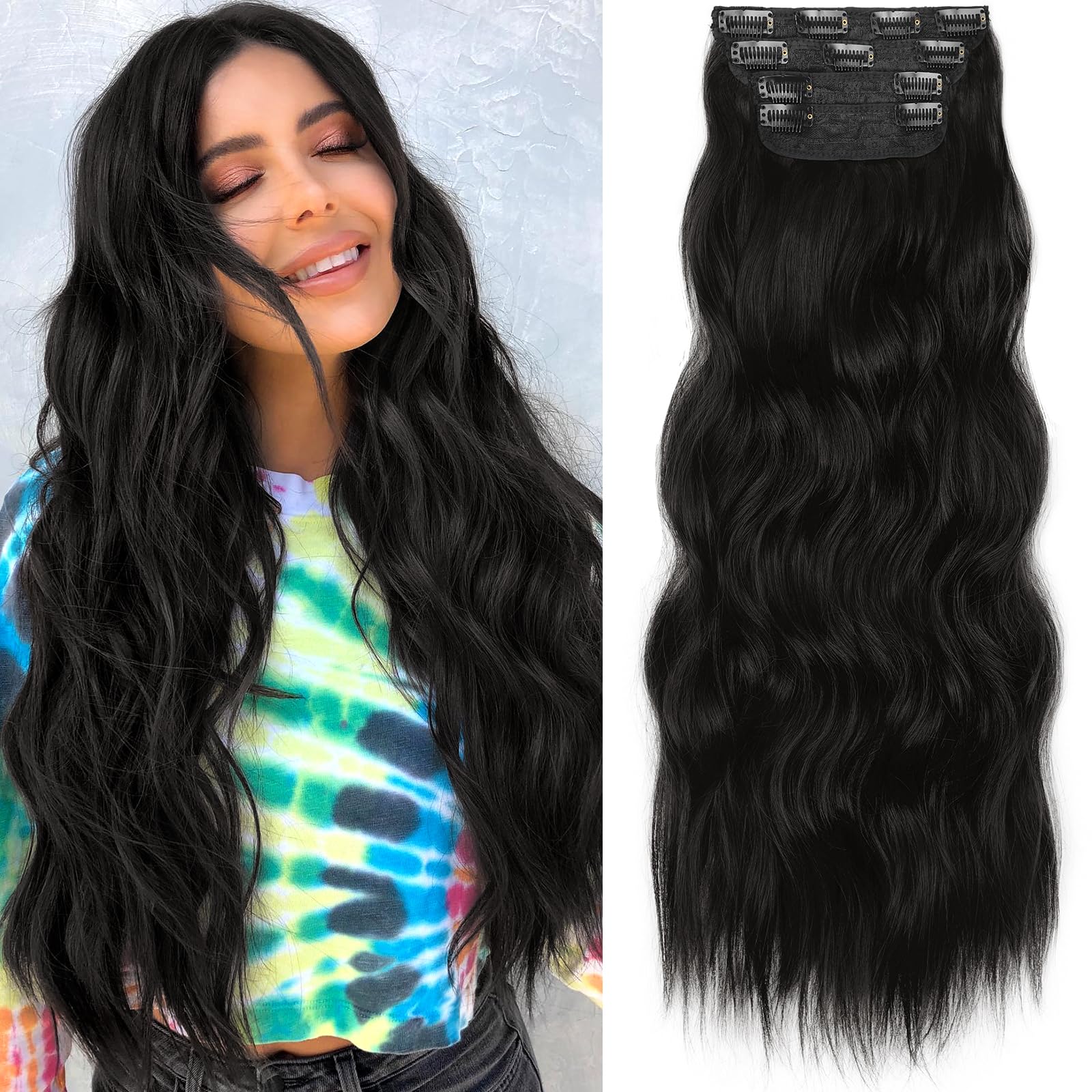 Photo 1 of KooKaStyle Clip in Hair Extensions 4PCS Long Wavy Synthetic Dark Black Brown Fiber Double Weft Natural Thick Hairpieces 24Inch for Women