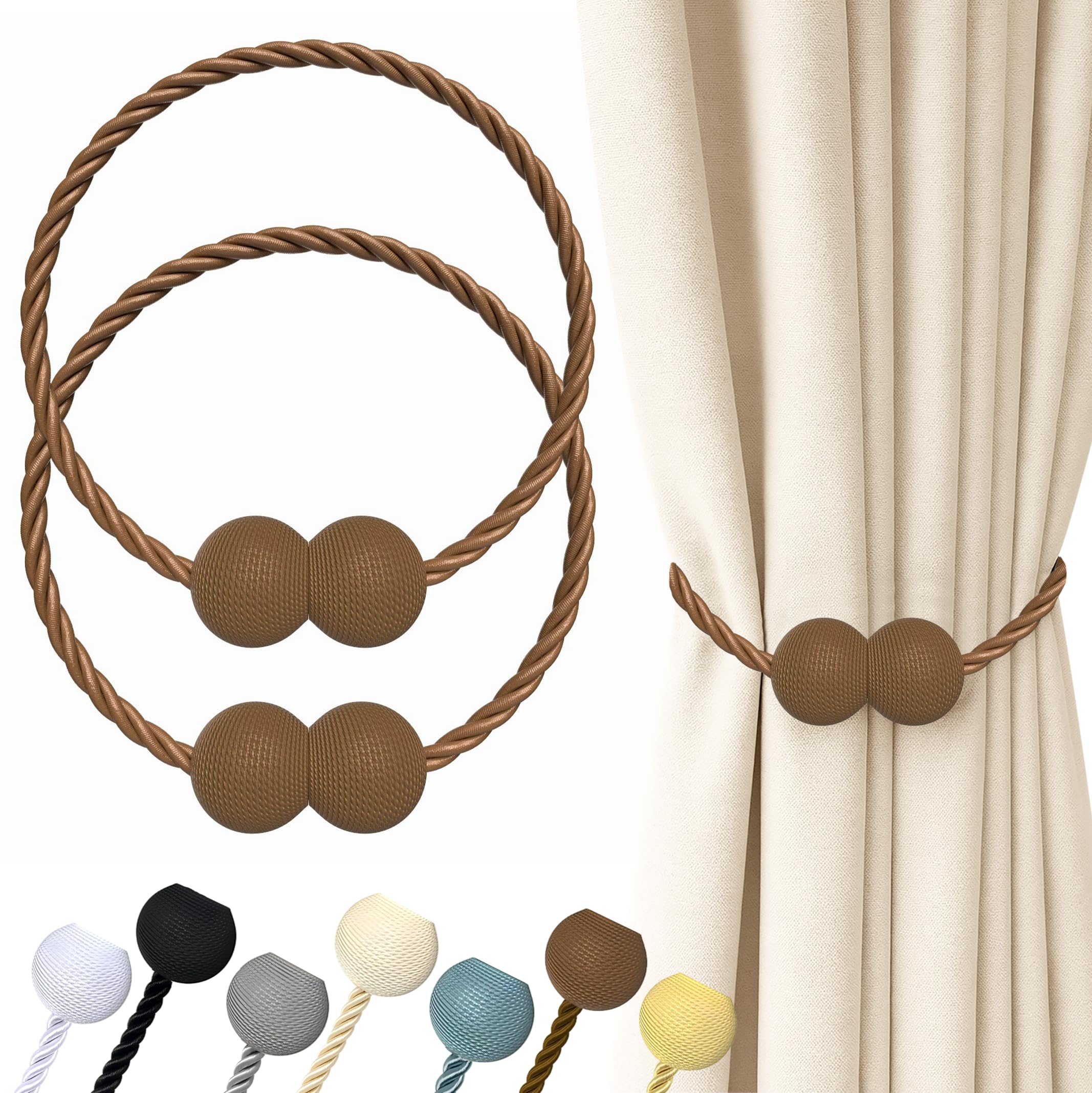 Hion Magnetic Curtain Tiebacks Dark Brown 2pcs, Curtain Tiebacks Buckles Holdbacks Holders Hooks Clip for Home Bedroom Office Decorative Curtain