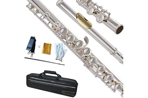 KAYATA C Flute – Silver Plated, 16-Key Closed Hole, Offset G & Split E Mechanism, Includes Deluxe Lightweight Canvas Case, Shoulder Strap, Cleaning Kit & Accessories (Silver/Gold)