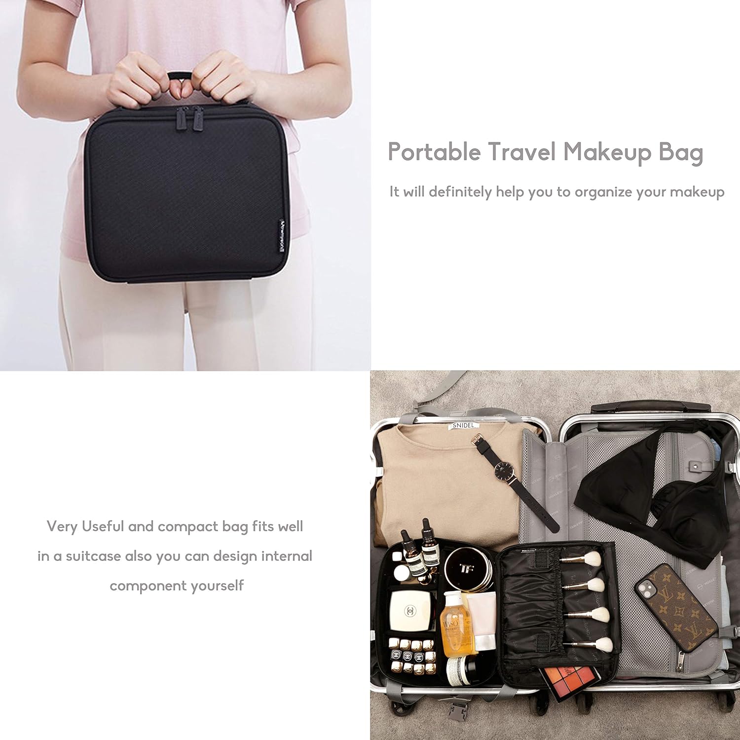 ROWNYEON Makeup Train Case Makeup Bag Organizer Travel Makeup Case Cosmetic Bag Proffessional Portable Storage Bag for Cosmetics Makeup Brushes Gift for Girls Women 9.8'' Mini Black : Beauty