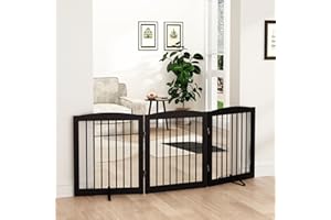 PUPETPO Freestanding Pet Gate for Dogs, Foldable Wooden Dog Gate for House, Indoor Dog Gate for Doorways, Stairs, Gates for Dogs Indoor, Support Feet Included, 24" Height 3 Panels, Brown