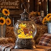 Fall Harvest Snow Globe Lantern, Lighted Autumn Pumpkin Snow Globe with Sunflowers, Scarecrow &amp; Fence, Vintage Tabletop Thanksgiving Decor for Home, Living Room, Mantel, Farmhouse