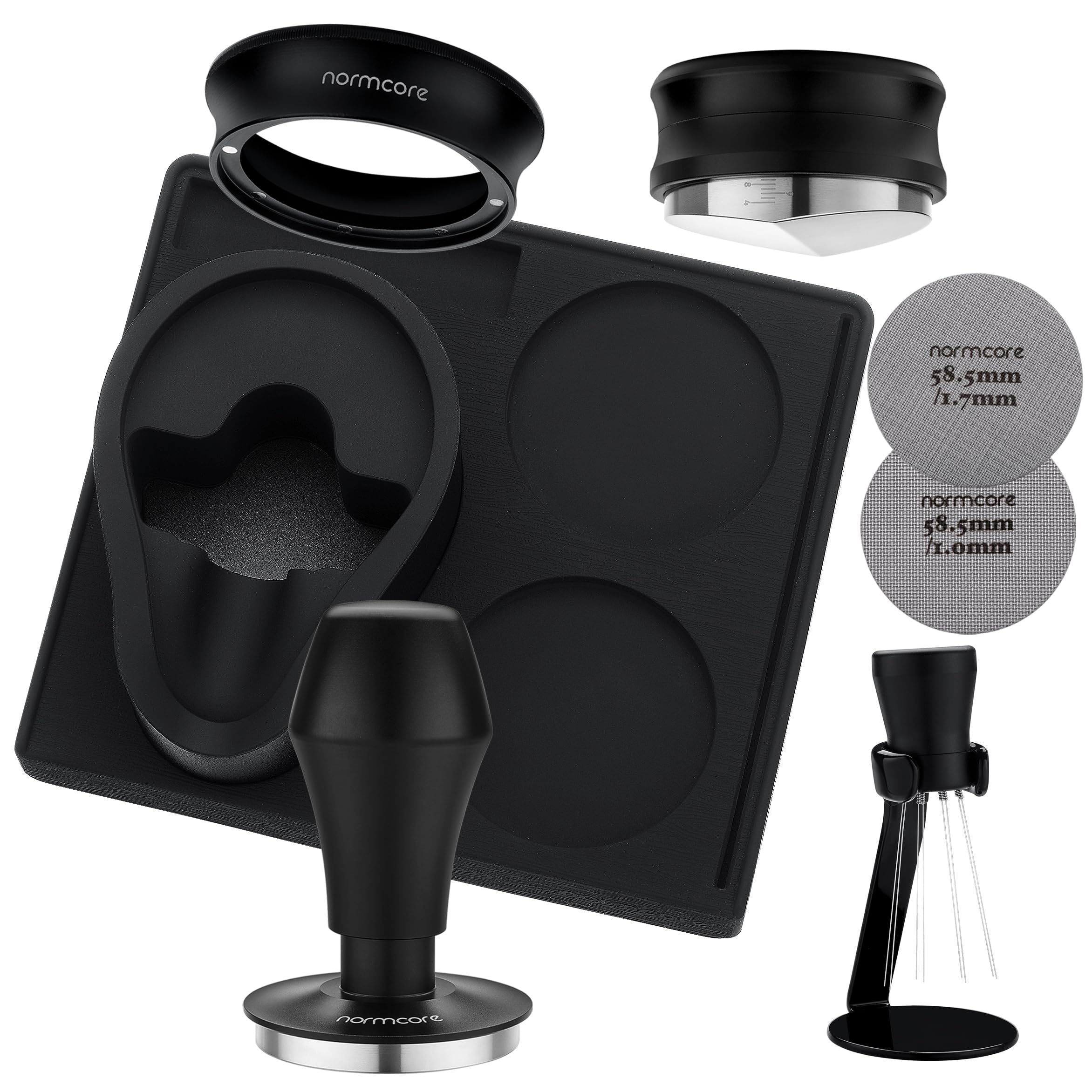Photo 1 of Normcore 58.5mm 7-in-1 Barista Kit: Coffee Tamper, Distributor Tool, WDT with Stand, Dosing funnel, Puck Screen Set, Compact Tamping Mat, Portafilter Stand, Barista Essentials Kit for 58mm baskets