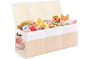 MABAHOO Extra Large Toy Storage Box with Lid, Collapsible Sturdy Toys Chest Storage Organizer Bin Basket with Divider for Kids, Boys, Girls, Closet, Playroom, Bedroom, Nursery, 40"X14"X16", Beige & White