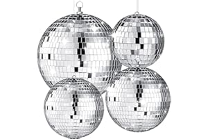 CHENGU 4 Pack Large Disco Ball Silver Hanging Disco Balls Reflective Mirror Ball Ornament for Party Holiday Wedding Dance and Music Festivals Decor Club Stage Props (12 Inch, 8 Inch, 6 Inch, 4 Inch)