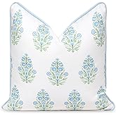 Hofdeco Premium Coastal Patio Indoor Outdoor Throw Pillow Cover Only, 18"x18" Water Repellent for Backyard, Couch, Baby Blue Green Floral with Piping